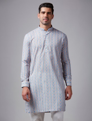 White and blue printed silk kurta suit