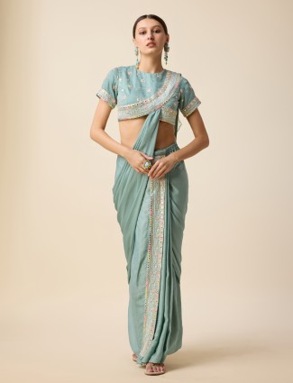 Silk sky blue ready drape saree