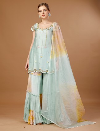 Sky blue tie-dye modal satin sharara suit