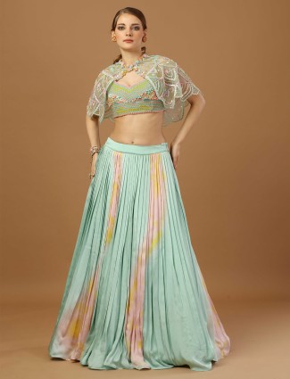 Sky blue modal satin pleated lehenga choli