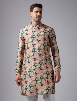 Elegant peach printed silk kurta suit