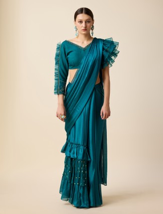 Teal blue chiffon ready drape saree