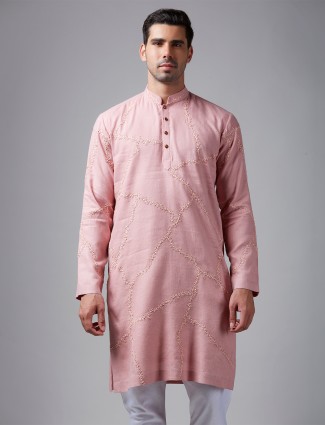 Light pink linen handwork kurta suit