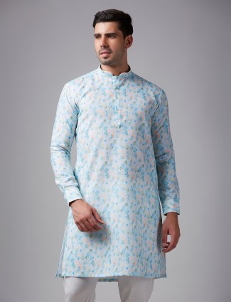 Sky blue printed kurta suit in linen