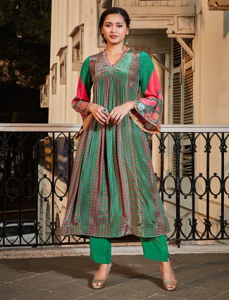 Dark green silk printed kurti with pant