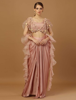 Light pink drape skirt with layered choli