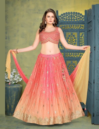 peach shaded silk printed lehenga choli