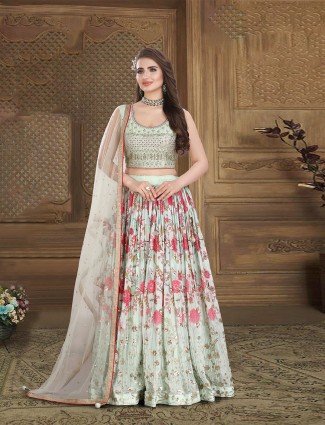 Printed georegtte pista green lehenga choli