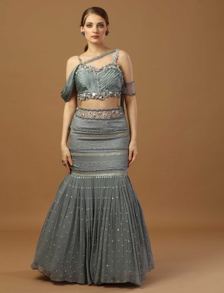 Stone blue georgette fish cut skirt with pleated choli