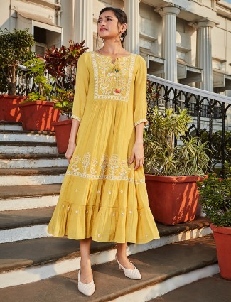 Yellow embroidery cotton long kurti