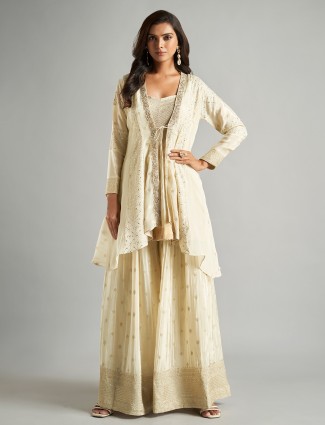 Beige jacket style tissue silk palazzo suit