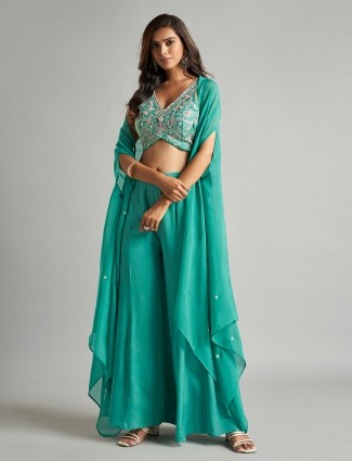 Sea green chiffon jacket style palazzo suit