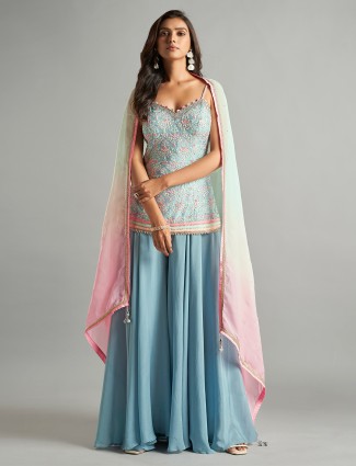 Light blue embroidery silk palazzo suit