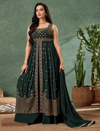 Bottle green silk palazzo suit with dupatta