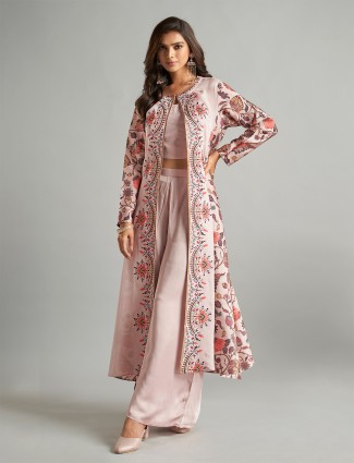 Light pink palazzo suit with printed shrug