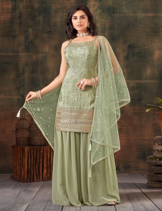 Elegant pista green silk palazzo suit