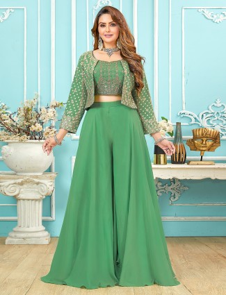 Stunning green jacket style printed palazzo suit