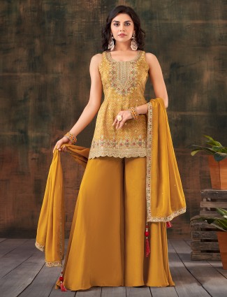 Trendy mustard yellow silk printed palazzo suit