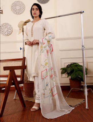 Stunning cream salwar suit with printed dupatta