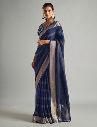 Navy tissue silk stripe saree