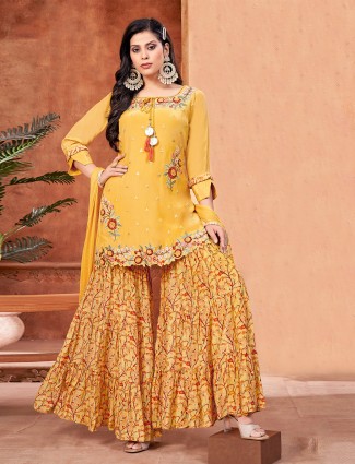 Latest mustard yellow silk sharara suit