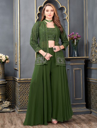 Dark green jacket style georgette palazzo suit