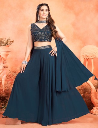 Teal blue georgette palazzo suit with dupatta