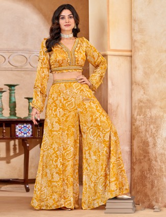 Yellow printed chiffon crop top with palazzo