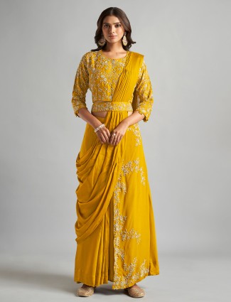 Classic mustard yellow pre-drape saree