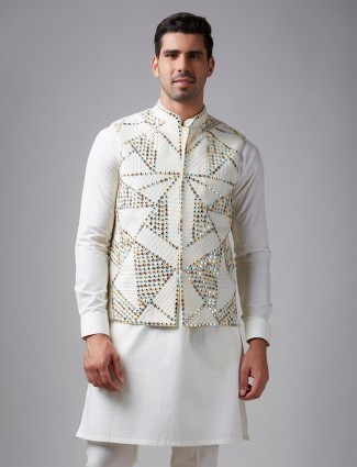 Elegant white mirror work waistcoat set