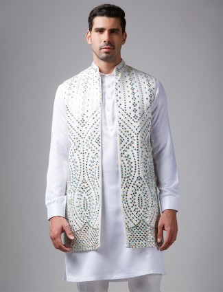 White silk waistcoat set with mirror work