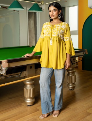 Newest mustard yellow cotton silk kurti