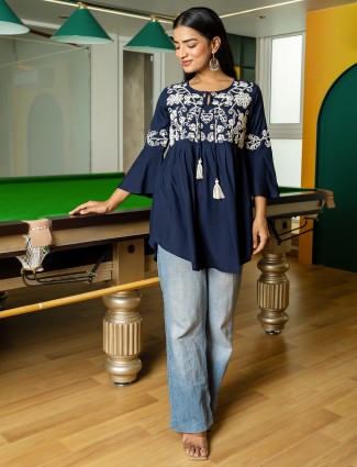 Classy dark blue cotton silk kurti