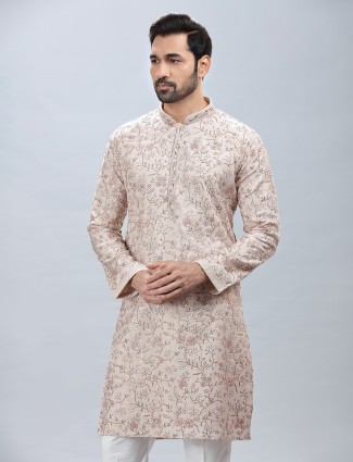 Beige shade cotton silk kurta suit for men