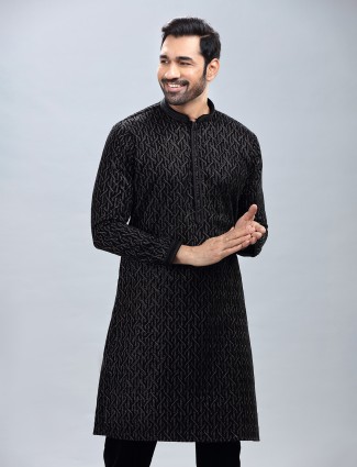 Black cotton silk kurta suit with matching pant