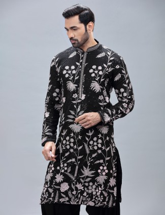 Black georgette embroidery kurta suit for men