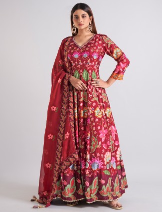 Stunning maroon cotton silk anarkali salwar suit