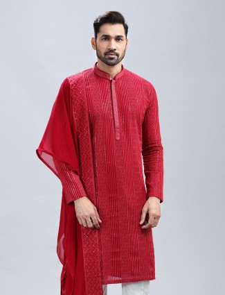 Hot pink embroidery kurta suit with dupatta for men