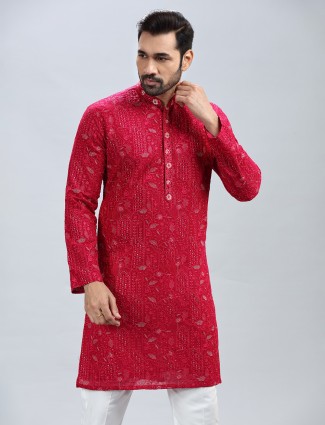 Hot pink georgette kurta suit for men