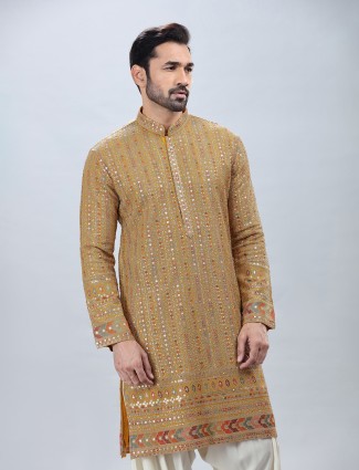 Modern yellow georgette kurta suit for men