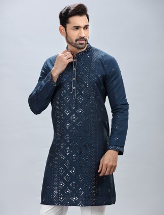 Navy blue silk kurta suit for men