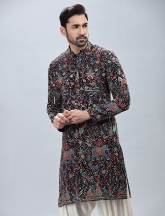 Navy georgette embroidery kurta suit for men