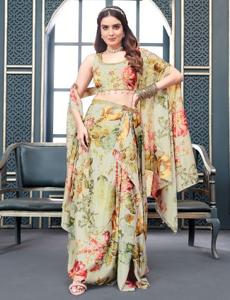 Silk pista green crepe printed indowestern