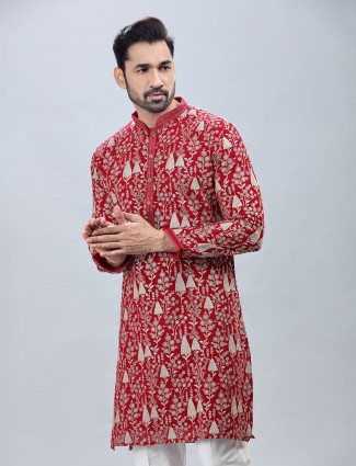 Red festive style embroidery kurta suit for men