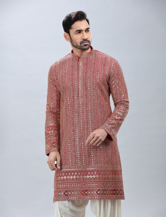 Red festive style embroidery kurta suit with patiyala