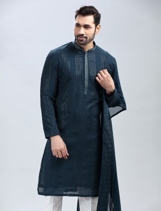 Teal blue embroidery kurta suit with dupatta for men