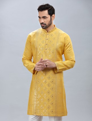 Traditional yellow silk kurta suit for men