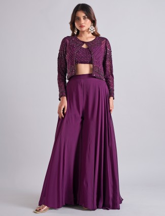 Light purple silk palazzo suit with sequins embellishment