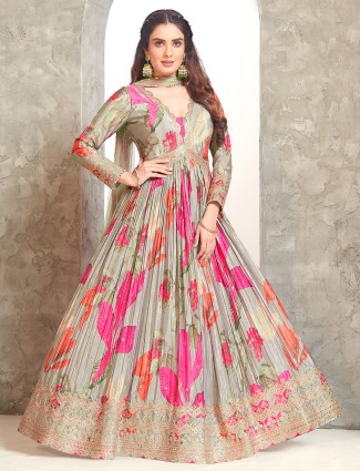 Trendy printed grey anarkali salwar suit