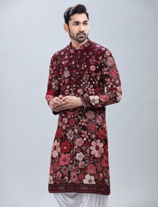 Wine georgette kurta suit with multicolor embroidery